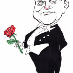 Kartoonmann im Anzug, mit einer Rose in der Hand